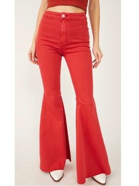 Free People Red Denim High-Waisted Bell Bottom Just Float On Flare Pants 26R